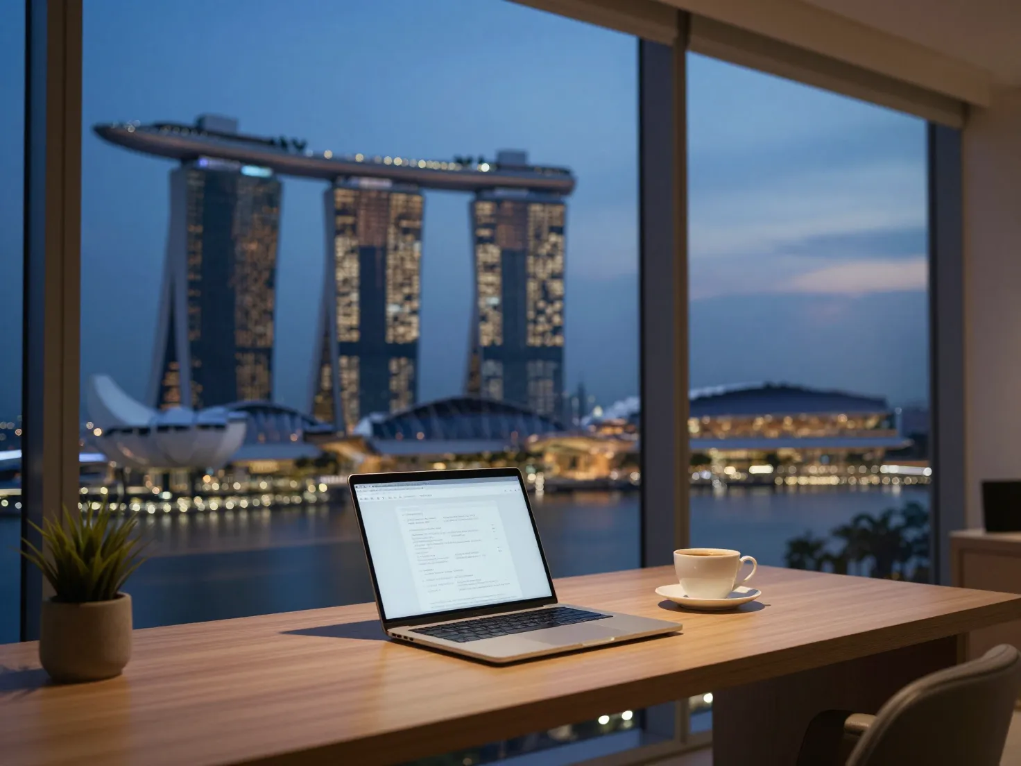 A laptop on a home desk overlooking the Singapore Marina Bay skyline at dusk